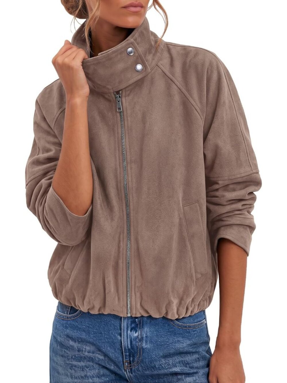 Women's Warm Taupe Funnel Neck Faux Suede Cropped Oversized ZIP Bomber Jacket